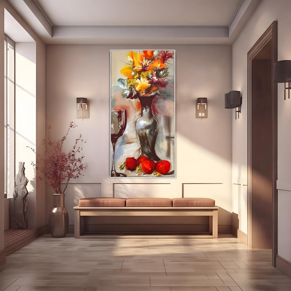 Tablou canvas cu pictura cu vaza, flori si pahar de vin, in rama de aluminiu argintiu